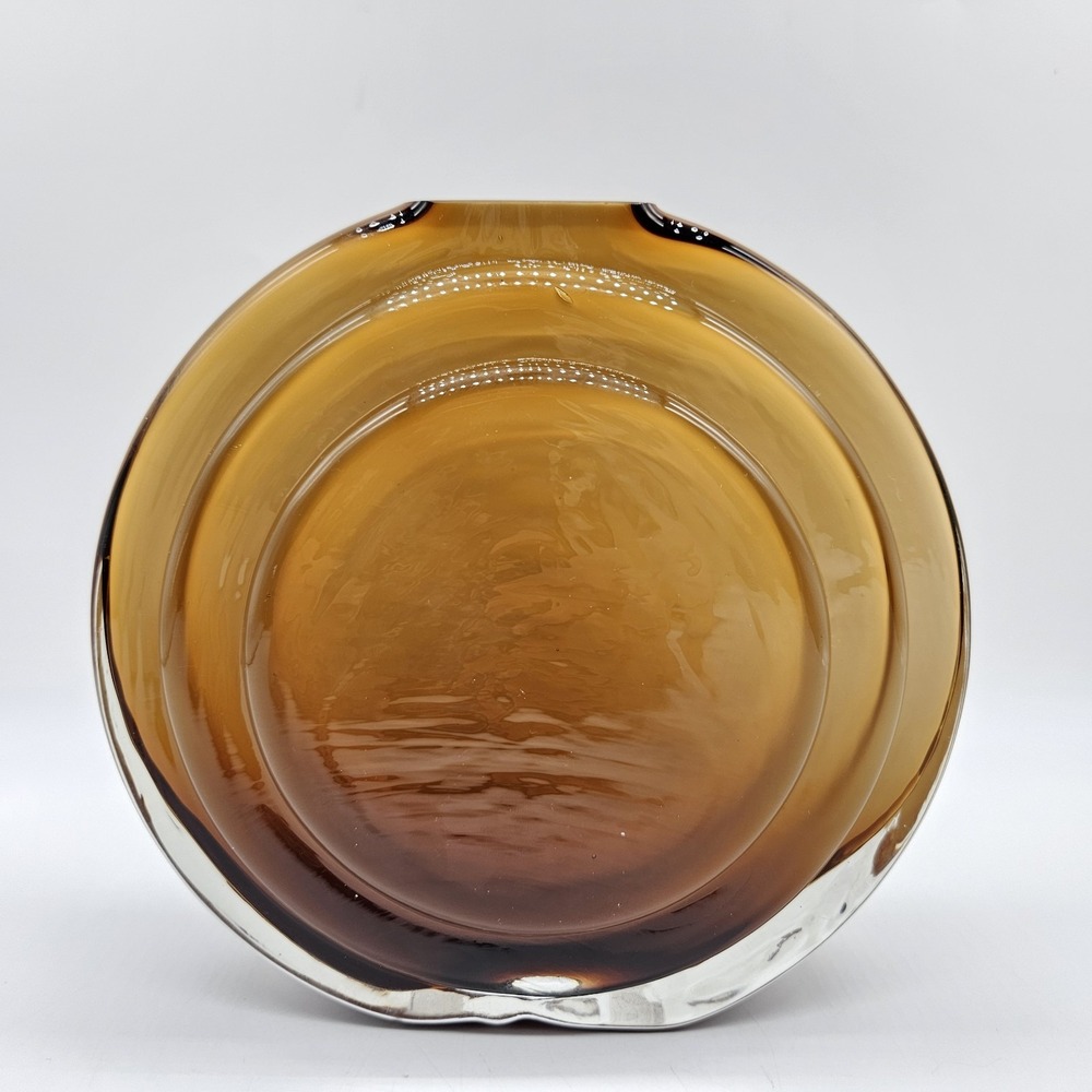 Round Yellow Amber Glass Vase Sommerso Flat Disc Ridges MCM Art Deco 6"